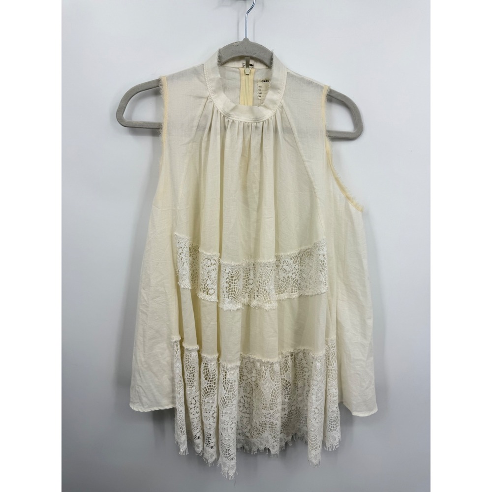 Gary Graham Patched Lace Trapeze Top Womens 6 Cream Sleeveless High Neck Blouse